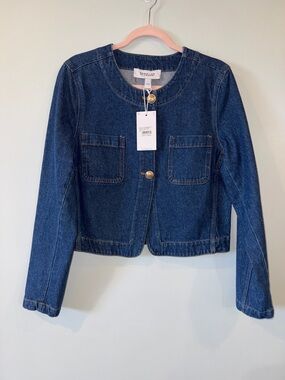 Derek Lam 10 Crosby Dark Blue Cropped Denim Jacket with Patch Pockets